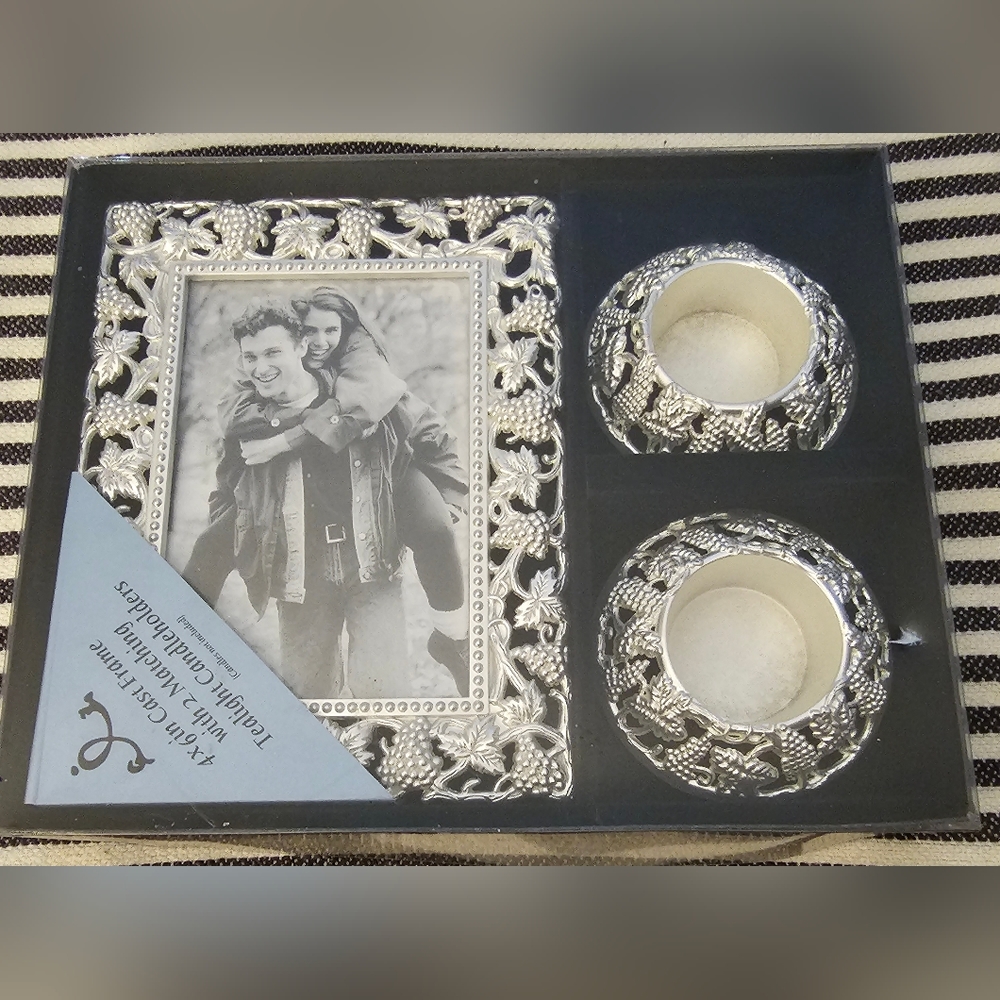 NIB Matching Silver Photo Frame (4x6) + (2) Tea Light Candle Holder Set